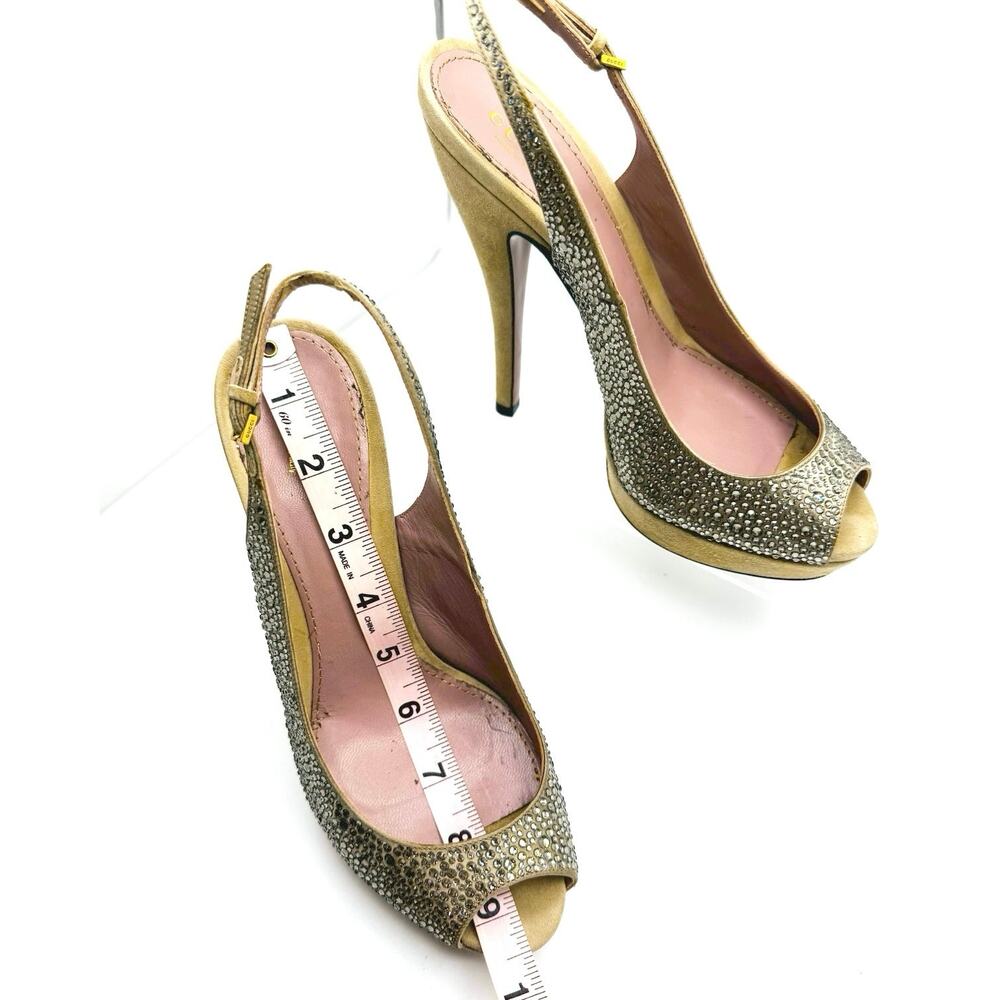 Gucci Tan Suede Crystal Slingback Pumps Peep Toe Heels EU 37.5 - Picture 6 of 10